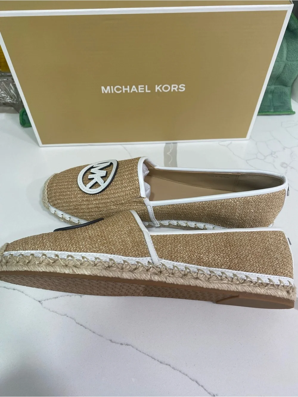 Michael Kors Tan Raffia Slip-On Espadrilles with White MK Logo